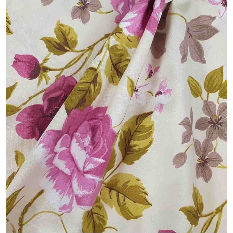Material draperie bumbac cu motive florale mov rose pe fond crem