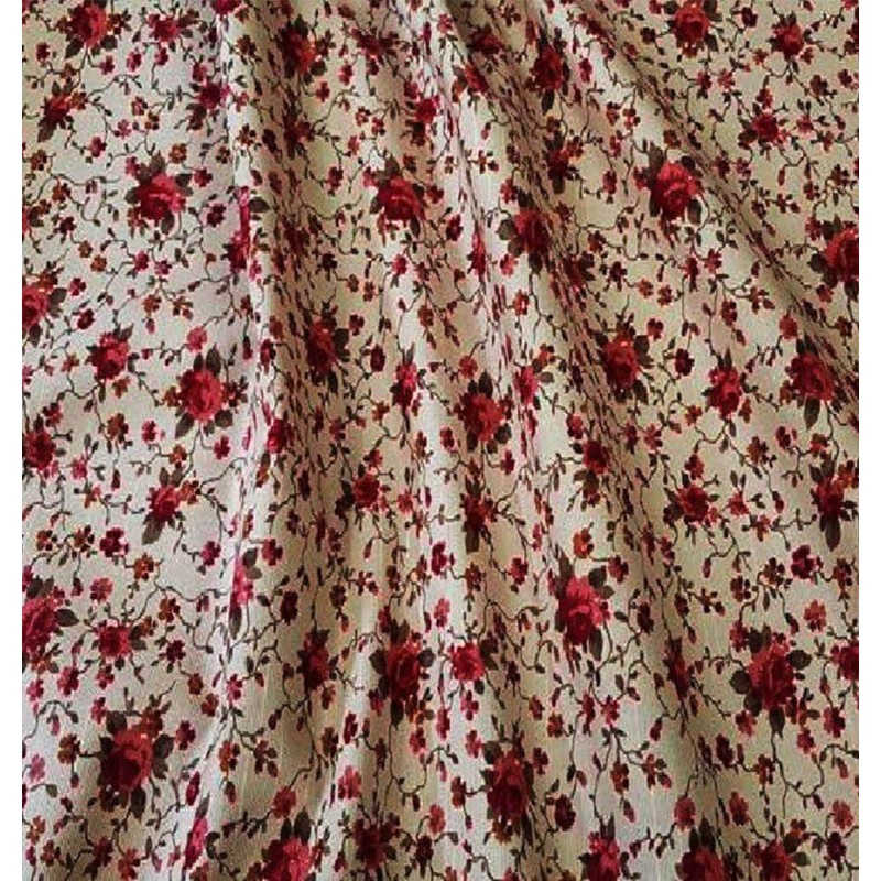 Material draperie bumbac cu flori grena Rococo pe fond bej