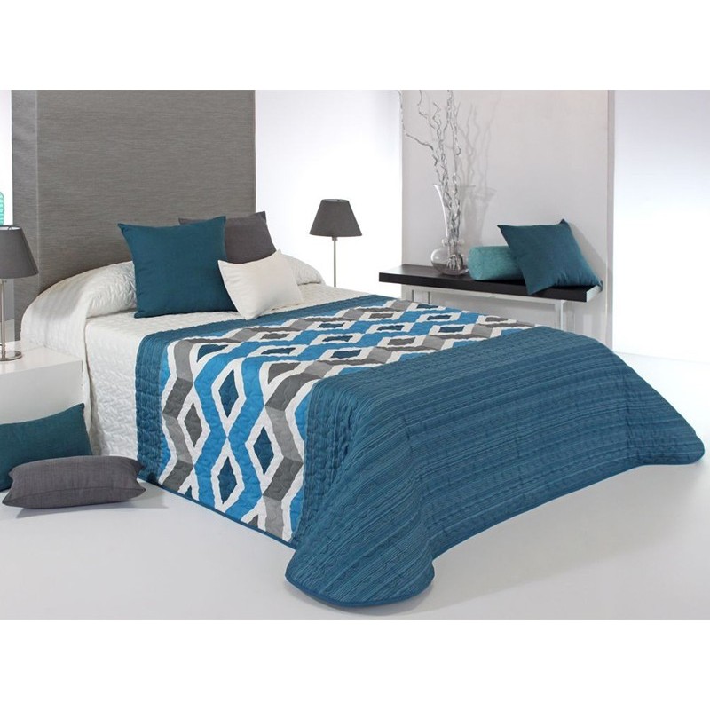 Cuvertura de pat cu model geometric Morgan albastru cu gri si alb