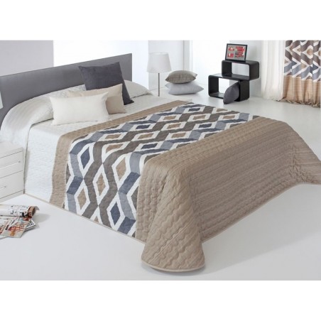 Cuvertura de pat cu model geometric Morgan bej cu gri si alb