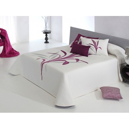 Cuvertura de pat reversibila cu design floral pe ivoire si mov
