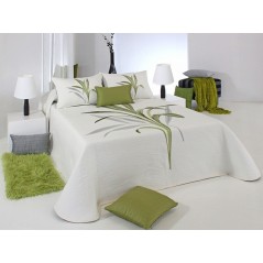 Cuvertura de pat reversibila cu design floral pe ivoire si verde