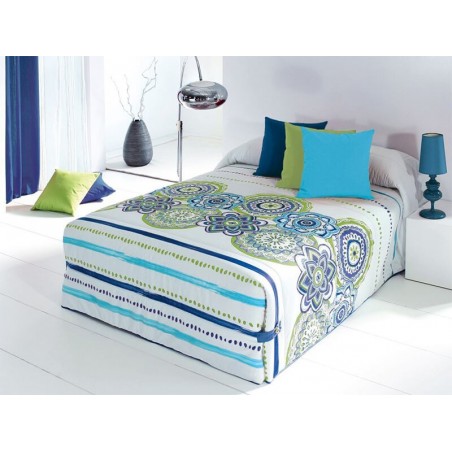 Cuvertura de pat vesela Surat 02 alb cu modele verzi si albastre