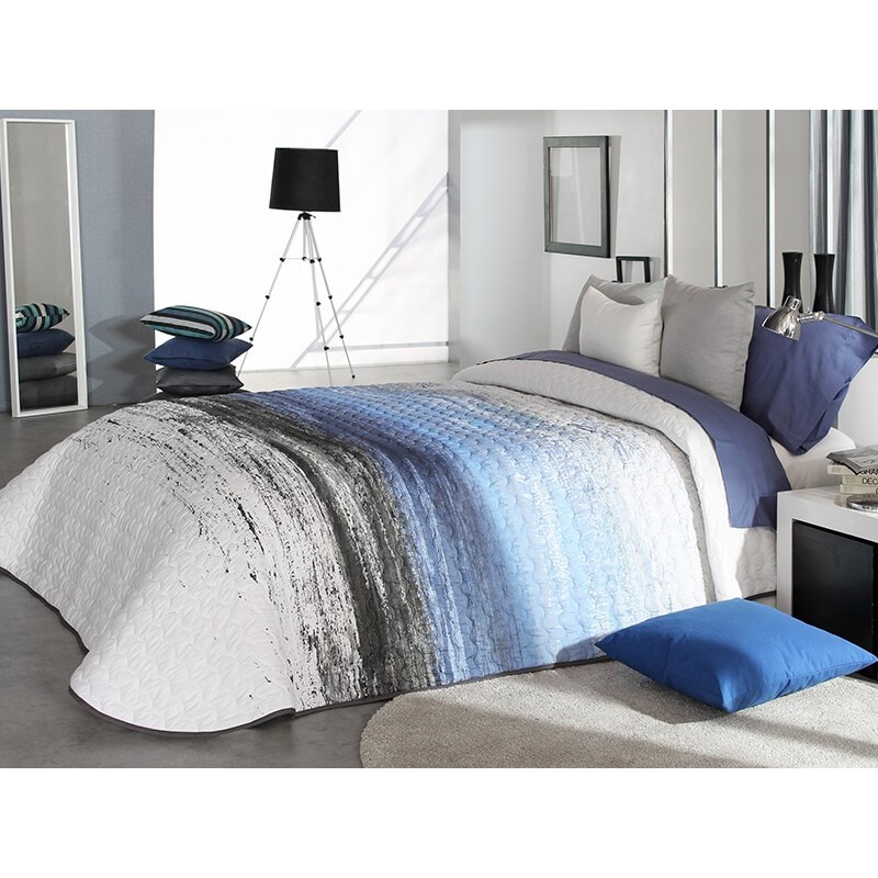Cuvertura de pat moderna Tarey 2P alb cu albastru si gri