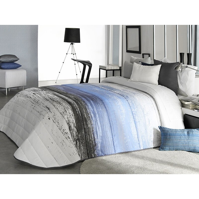 Cuvertura de pat moderna Tarey 2A alb cu albastru si gri