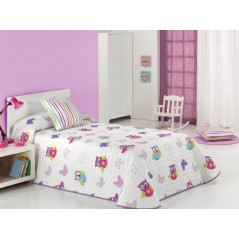 Cuvertura de pat pentru fete cu bufnite Lala 2P alb cu mov