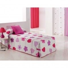 Cuvertura de pat cu flori si inimioare Wendyco 02 roz cu mov pe fond alb