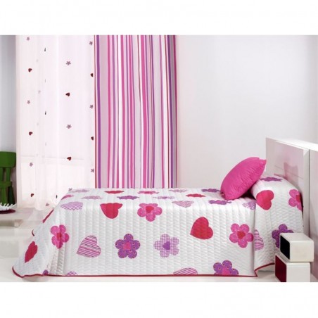 Cuvertura de pat cu flori si inimioare Wendyco 2P roz cu mov pe fond alb