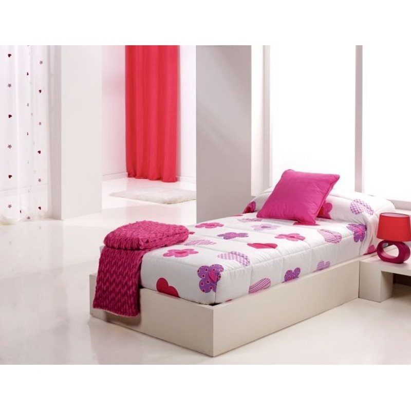 Cuvertura de pat cu flori si inimioare Wendyco AO roz cu mov pe fond alb