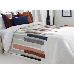 Cuvertura de pat moderna model cu dungi caramizii, albastre si grej