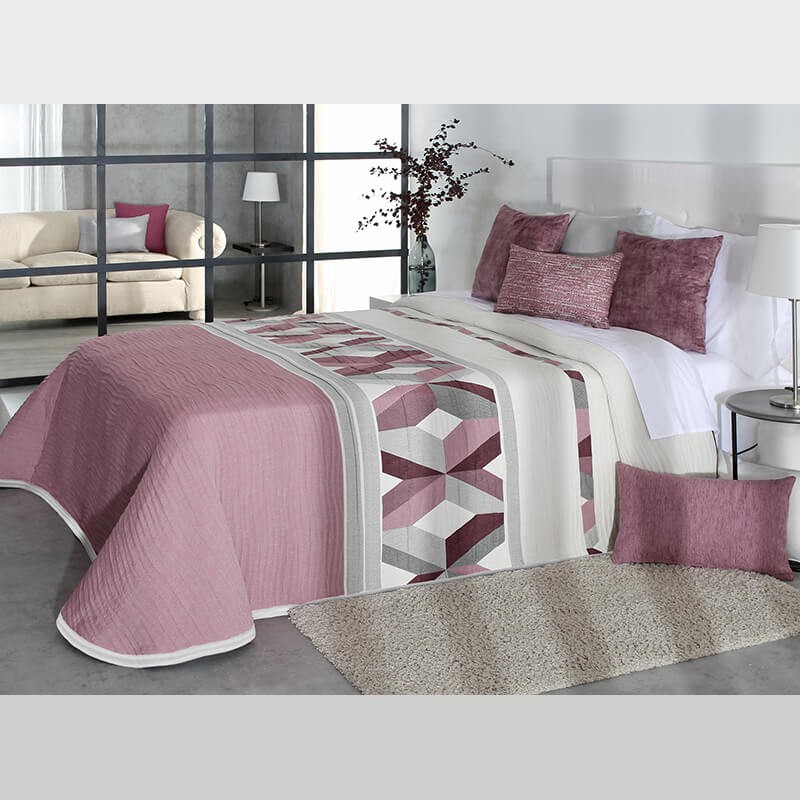 Cuvertura de pat moderna cu model geometric pe roz lila cu ivore