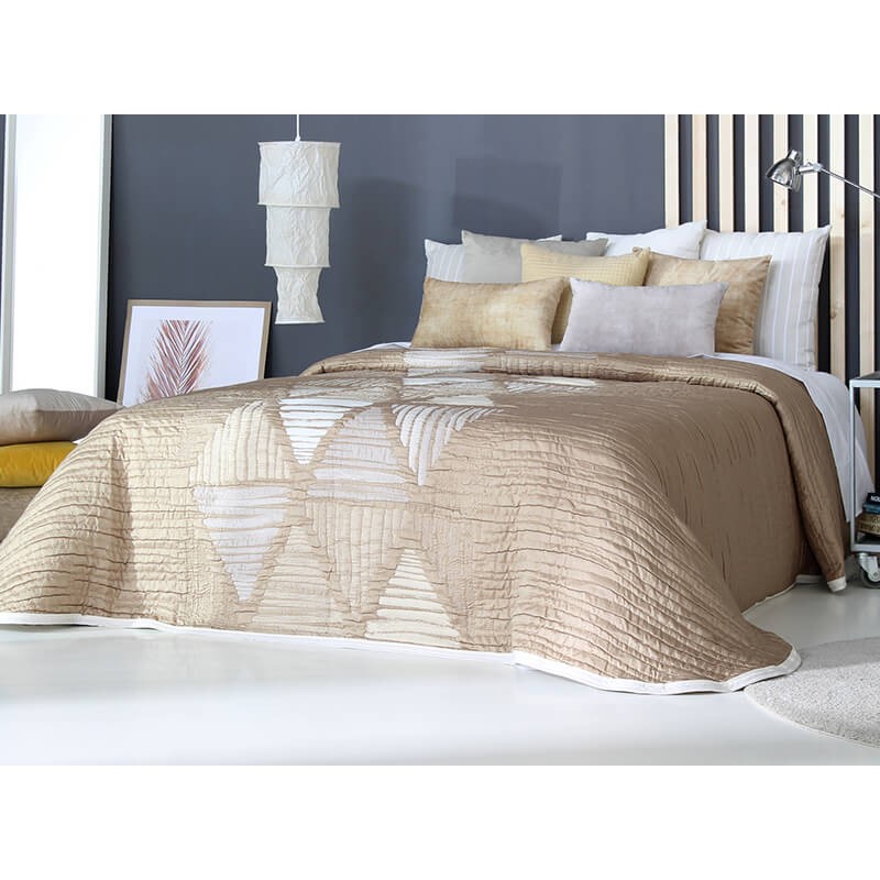 Cuvertura de pat reversibila cu design geometric bej si ivoire
