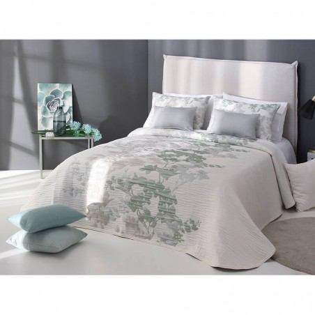 Cuvertura de pat moderna cu design floral ivoire cu verde