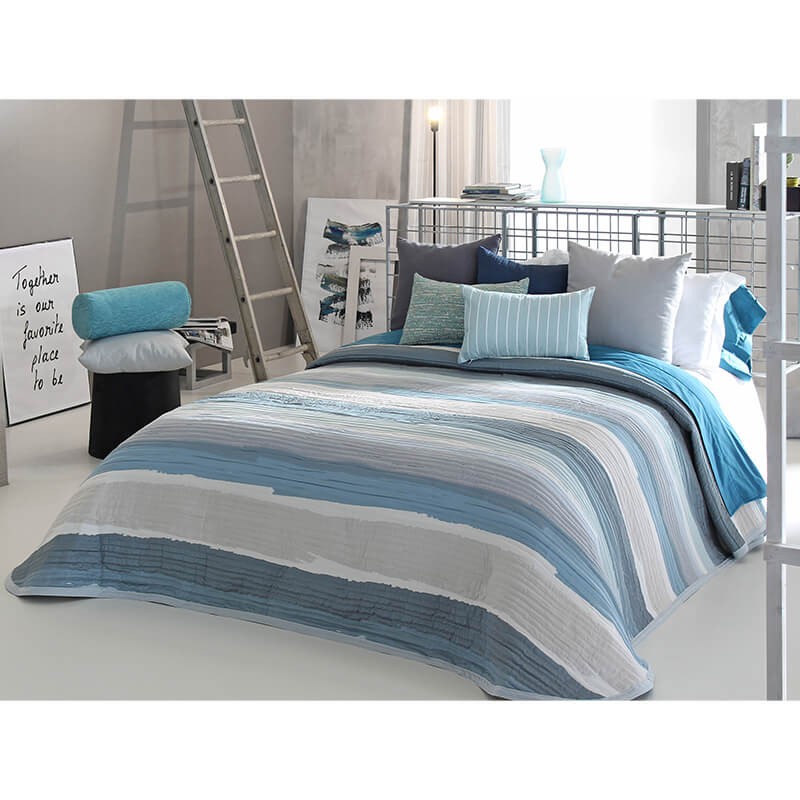 Cuvertura de pat moderna cu design abstract gri cu albastru